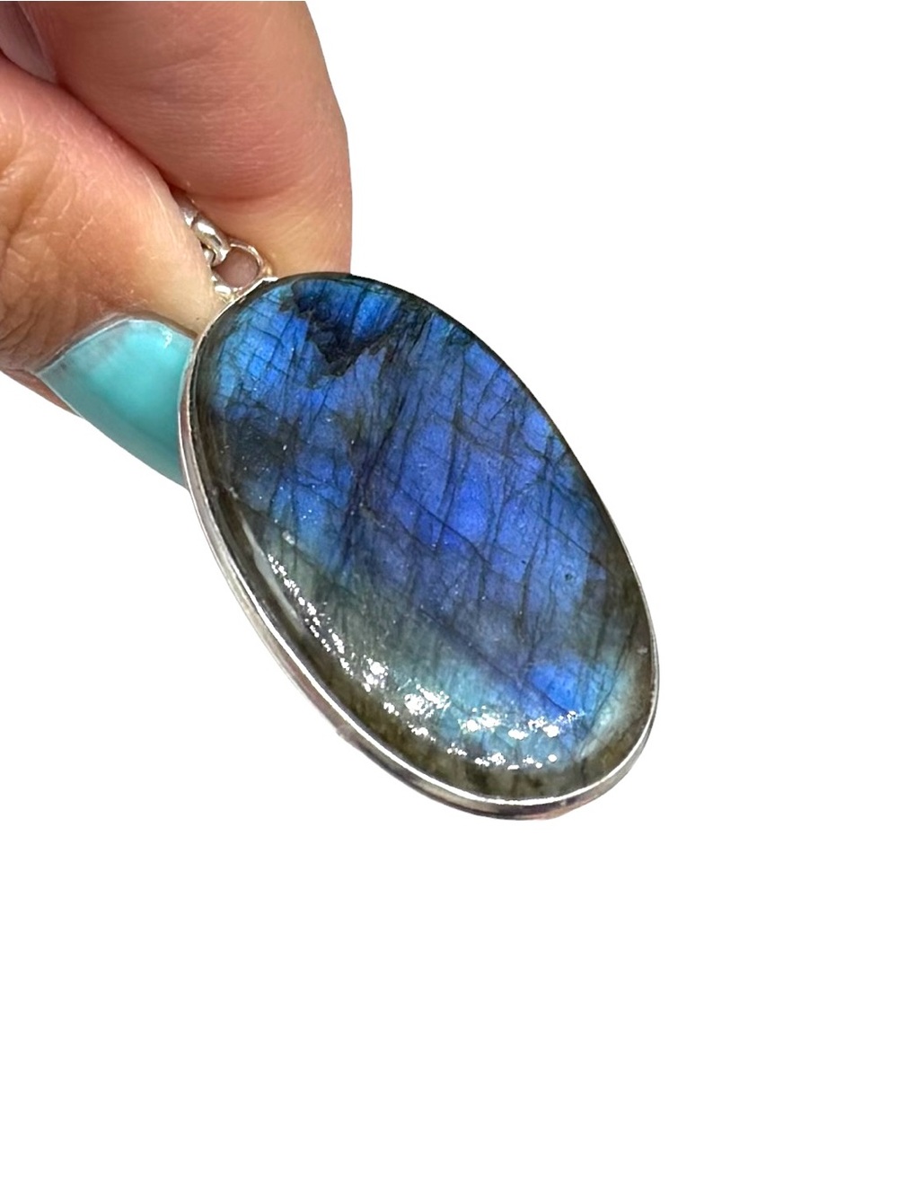 Blue Fire Flash Labradorite Necklace Pendant 925 Sterling Silver Overlay Oval